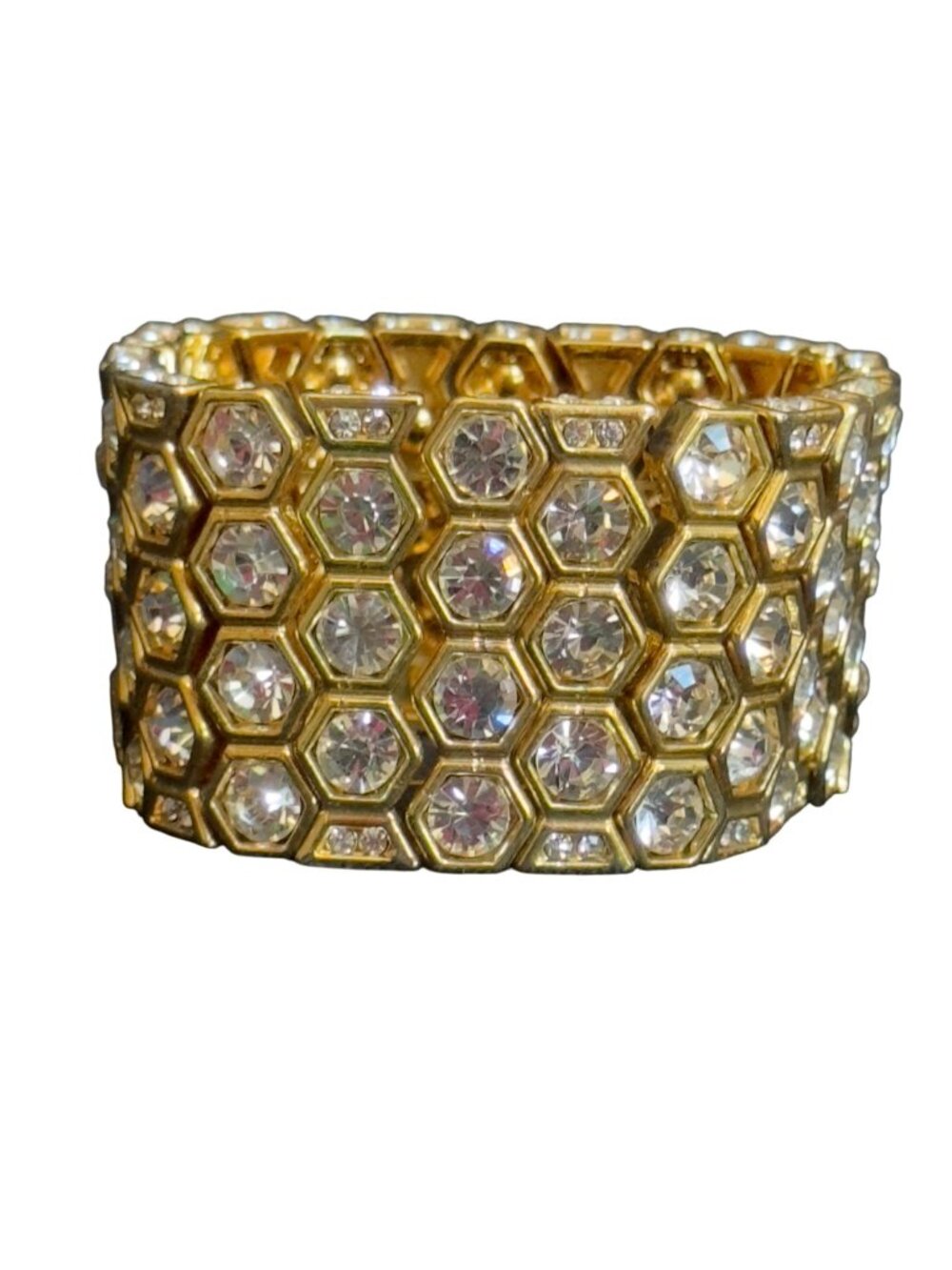 Vintage Gold-Tone Stretch Bracelet W/Unique Honeycomb Hexagonal Crystal Design